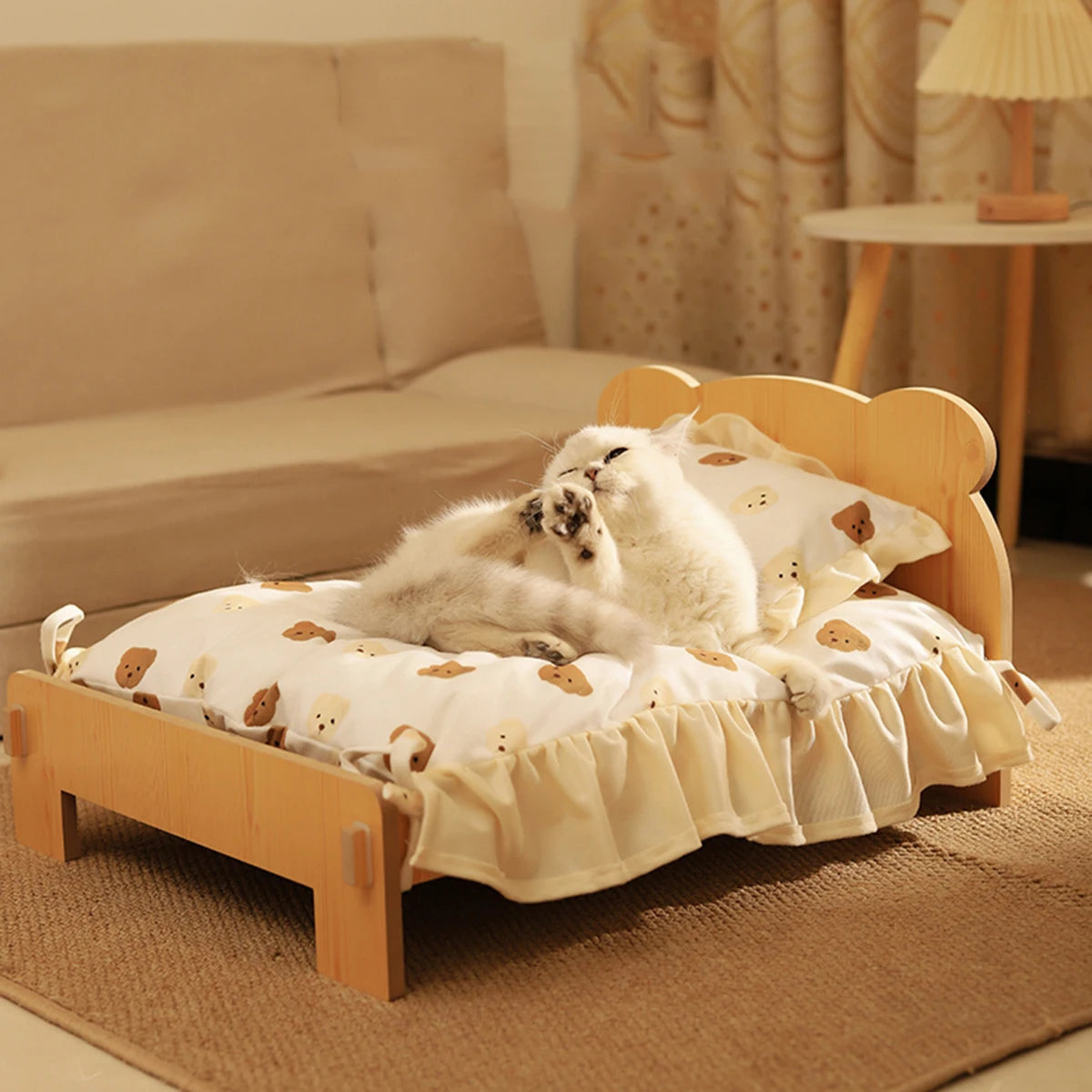 Wooden Cat & Dog Bed – Cozy Indoor Pet Furniture with Teddy Bear Pattern