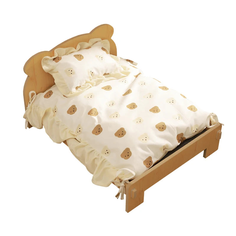 Wooden Cat & Dog Bed – Cozy Indoor Pet Furniture with Teddy Bear Pattern