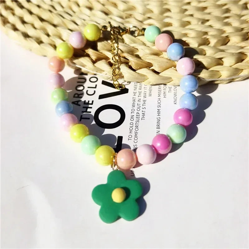 Dog Cat Pearl Necklace Collar with Flower Pendant for Cats  Puppy Party Dress Dogs Collar Pet Colorful Beads Jewelry Accessories