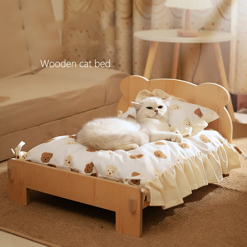 Wooden Cat & Dog Bed – Cozy Indoor Pet Furniture with Teddy Bear Pattern