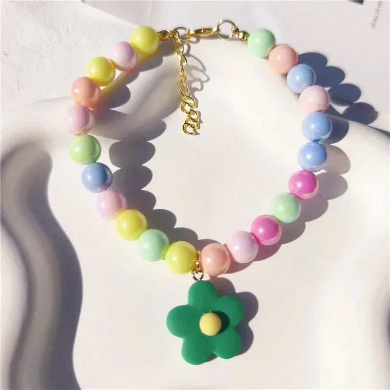 Dog Cat Pearl Necklace Collar with Flower Pendant for Cats  Puppy Party Dress Dogs Collar Pet Colorful Beads Jewelry Accessories