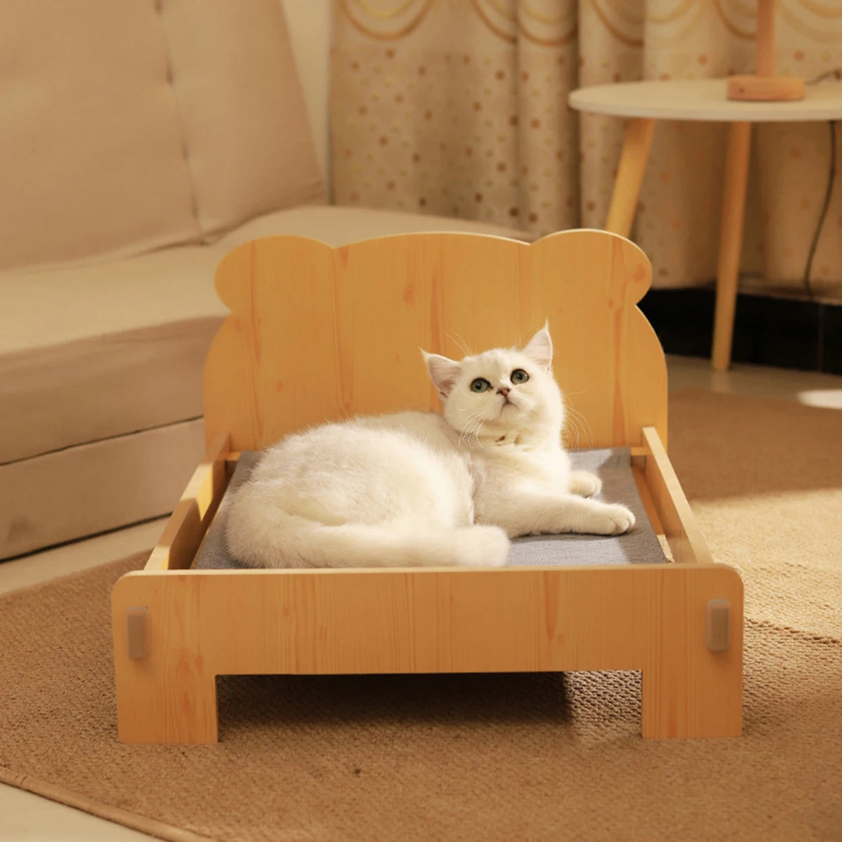 Wooden Cat & Dog Bed – Cozy Indoor Pet Furniture with Teddy Bear Pattern