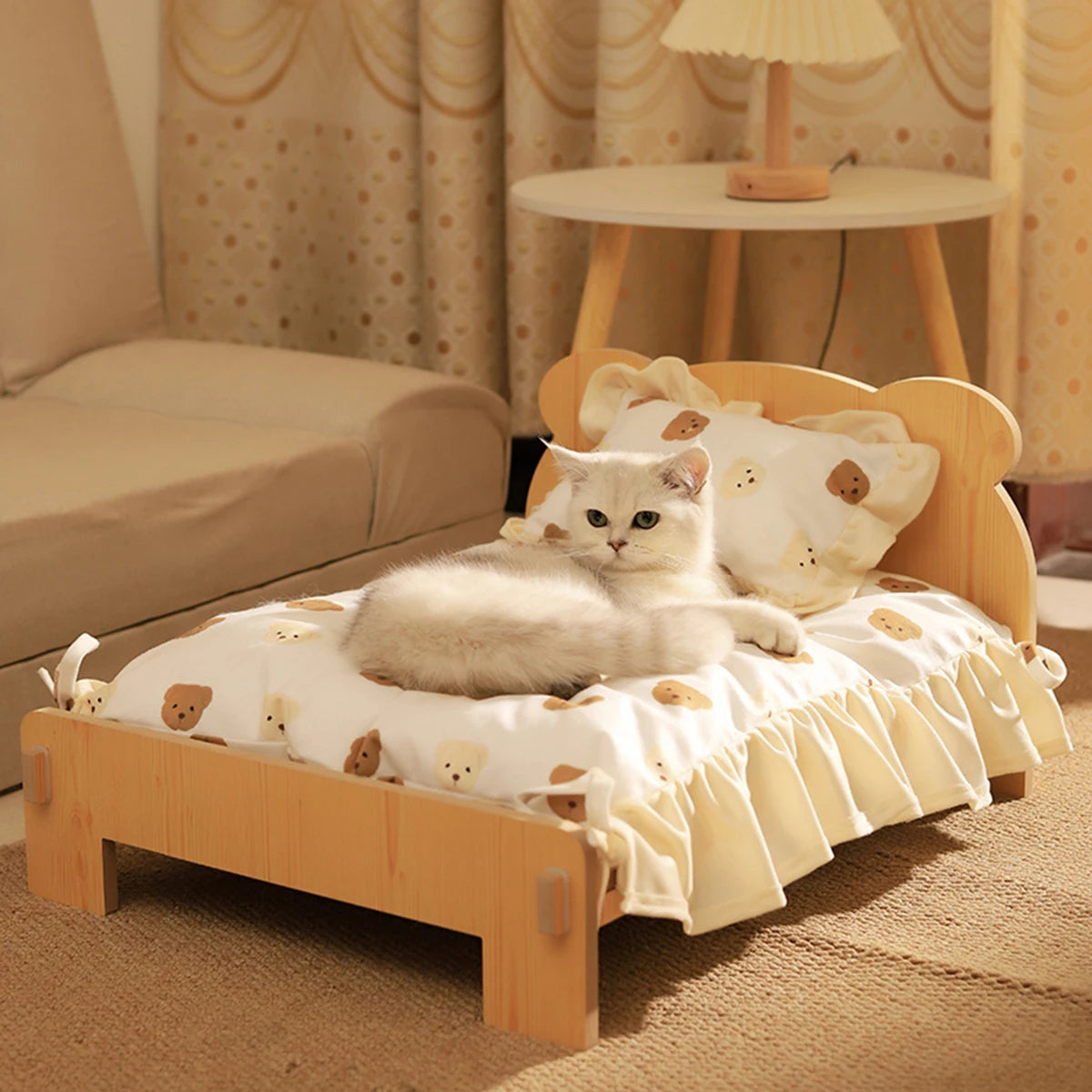 Wooden Cat & Dog Bed – Cozy Indoor Pet Furniture with Teddy Bear Pattern