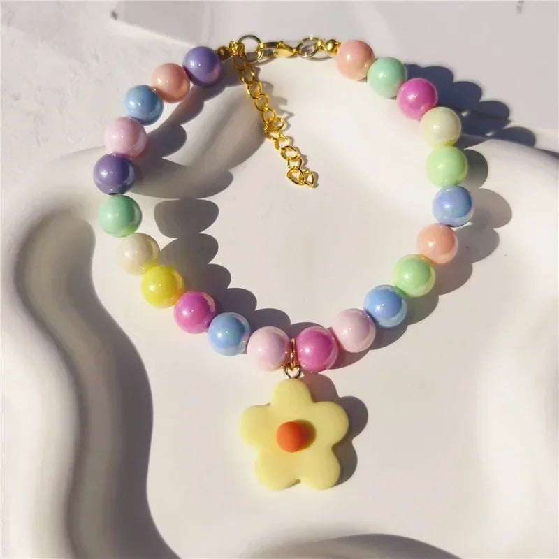 Dog Cat Pearl Necklace Collar with Flower Pendant for Cats  Puppy Party Dress Dogs Collar Pet Colorful Beads Jewelry Accessories