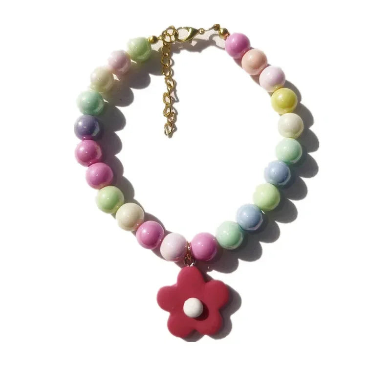 Dog Cat Pearl Necklace Collar with Flower Pendant for Cats  Puppy Party Dress Dogs Collar Pet Colorful Beads Jewelry Accessories