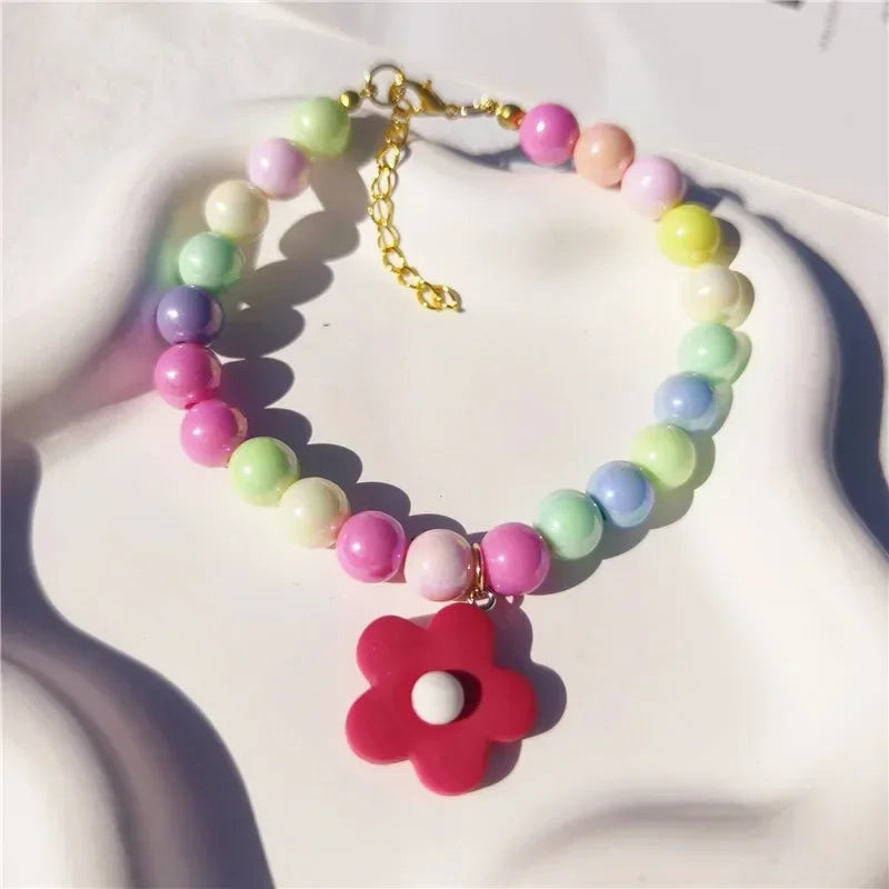 Dog Cat Pearl Necklace Collar with Flower Pendant for Cats  Puppy Party Dress Dogs Collar Pet Colorful Beads Jewelry Accessories