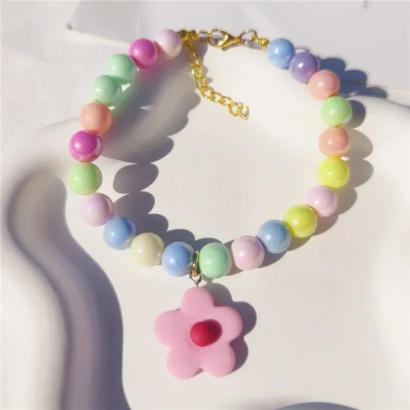 Dog Cat Pearl Necklace Collar with Flower Pendant for Cats  Puppy Party Dress Dogs Collar Pet Colorful Beads Jewelry Accessories